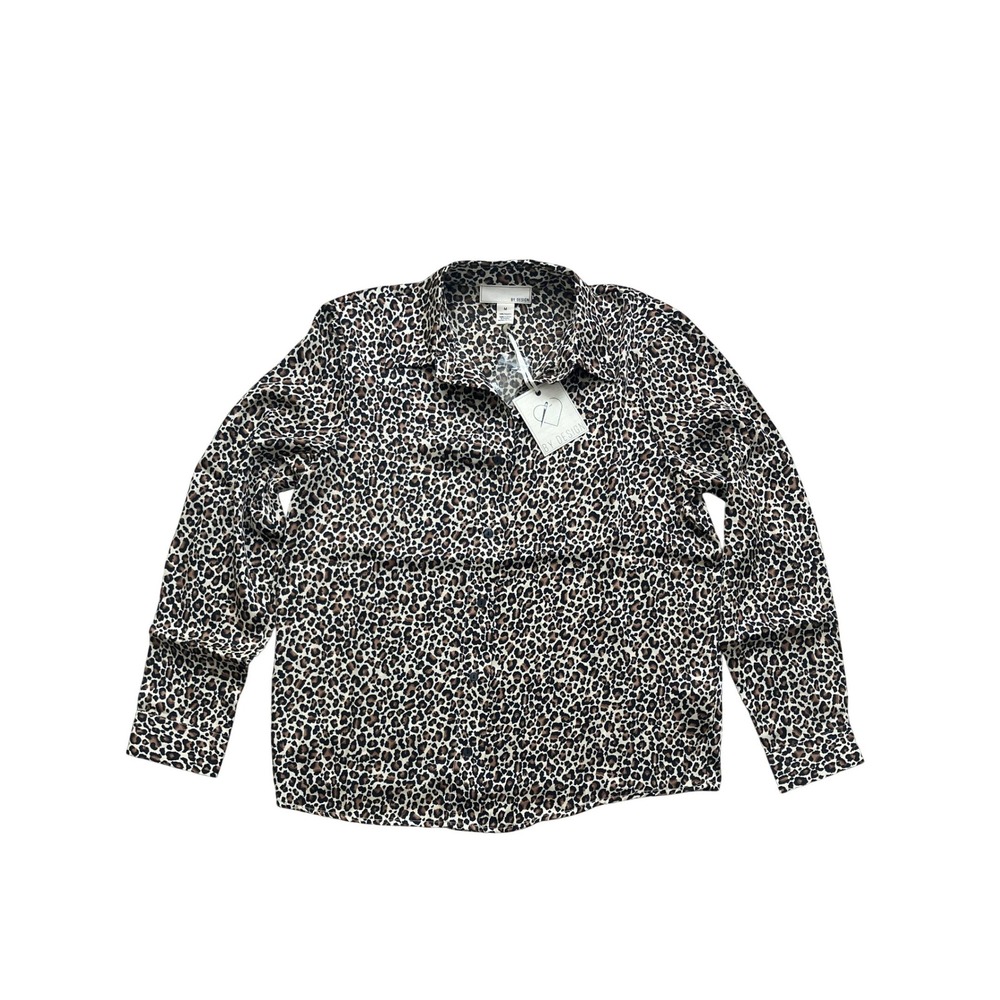 By Design Womens Leopard Print Long Sleeve Button Down Shirt Tan Brown‎ Black M